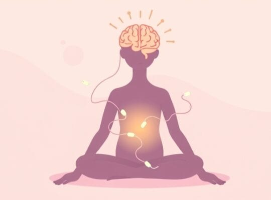 Ilustracja pokazuje człowieka w harmonii z dobroczynnymi bakteriami i mózgiem.