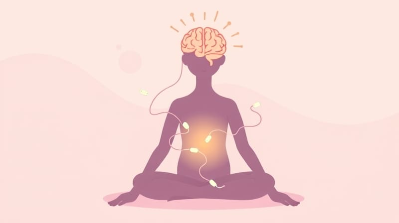 Ilustracja pokazuje człowieka w harmonii z dobroczynnymi bakteriami i mózgiem.