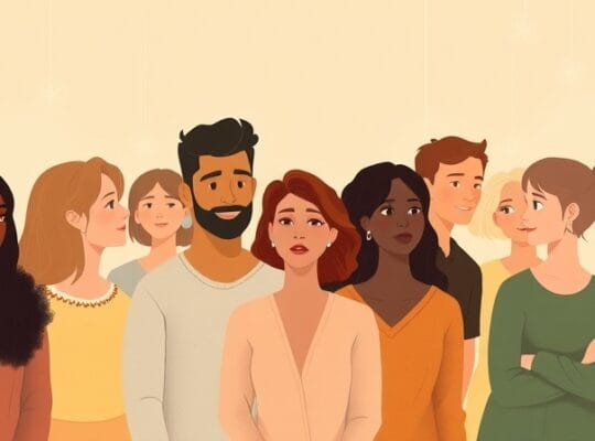 Ludzie połączeni świetlistymi nićmi tworząc bezpieczną, pastelową wspólnotę.