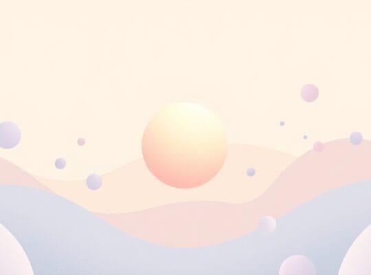 Abstrakcyjna, pastelowa ilustracja z unoszącymi się kształtami i delikatnym blaskiem.