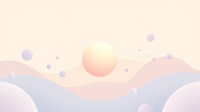 Abstrakcyjna, pastelowa ilustracja z unoszącymi się kształtami i delikatnym blaskiem.