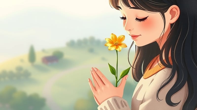 Matka trzyma więdnący kwiat, symbol błędu wychowawczego, w pastelowych barwach.