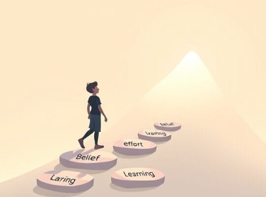 Ścieżka sukcesu z kamieni z pozytywnymi słowami i samotna postać.