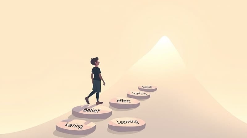 Ścieżka sukcesu z kamieni z pozytywnymi słowami i samotna postać.