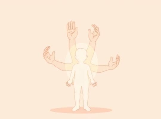 Delikatne, pastelowe dłonie kształtują świetlistą sylwetkę człowieka, symbolizując wpływ oczekiwań.