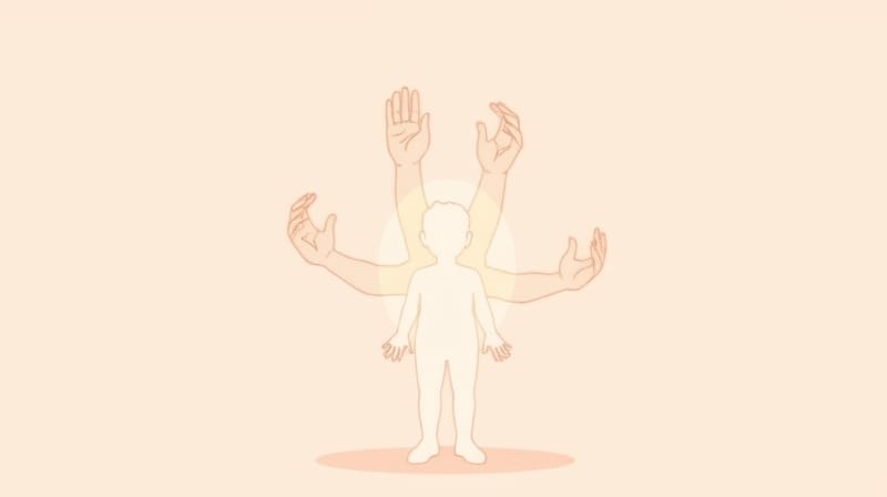 Delikatne, pastelowe dłonie kształtują świetlistą sylwetkę człowieka, symbolizując wpływ oczekiwań.