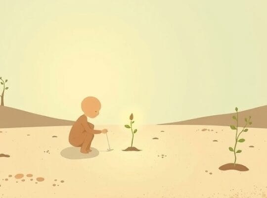 Abstrakcyjna postać sadzi świecącą roślinę, transformując jałową ziemię, inspirując nadzieją.