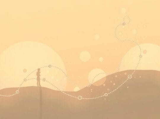 Wielobarwna, świetlista ścieżka wspomnień na pastelowym tle, odzwierciedlająca kształtowanie tożsamości.