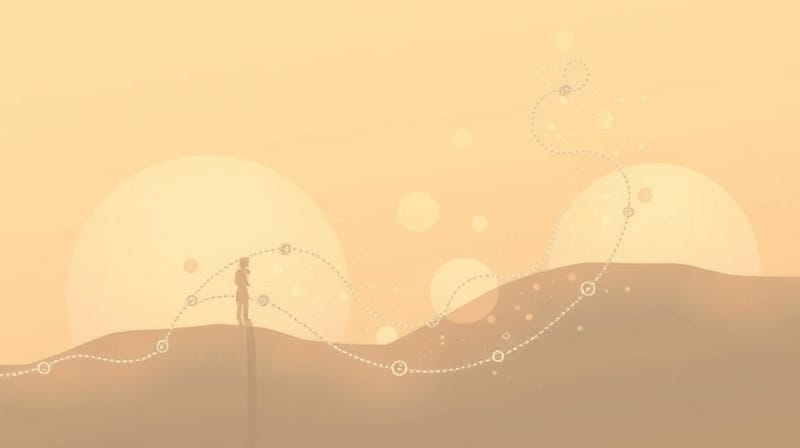 Wielobarwna, świetlista ścieżka wspomnień na pastelowym tle, odzwierciedlająca kształtowanie tożsamości.