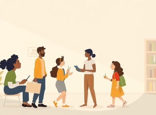 Różnorodne postaci w pastelach uczą się przez obserwację w abstrakcyjnym, spokojnym otoczeniu.