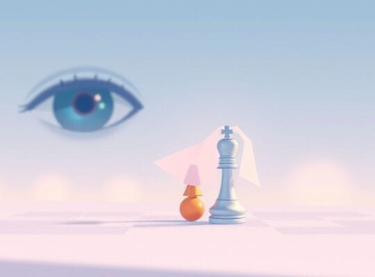 Stylowe oko obserwuje zawoalowanego skoczka szachowego na tle gradientu.
