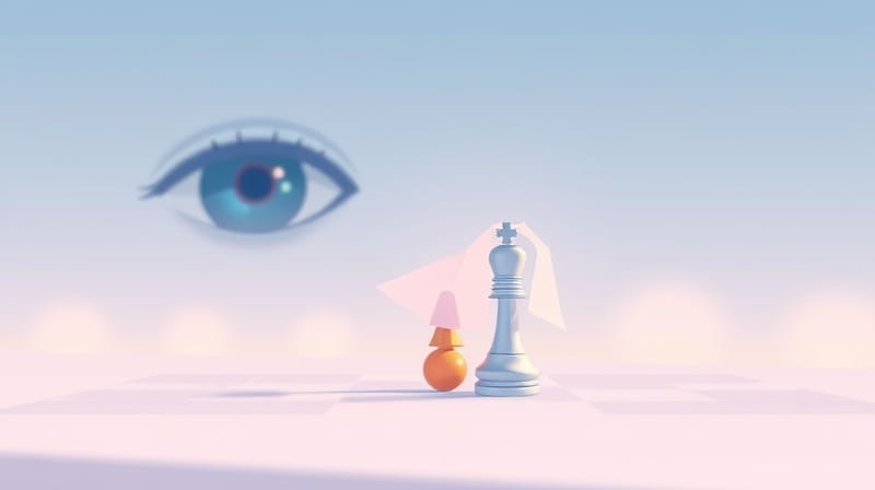 Stylowe oko obserwuje zawoalowanego skoczka szachowego na tle gradientu.