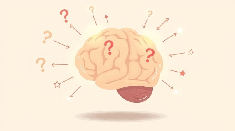Stylizowany mózg, świetliste ścieżki, znaki zapytania, gwiazdy nagród, symbole zaskoczenia i rozczarowania.