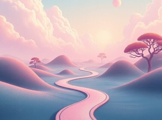 Surrealistyczny krajobraz: hipokamp, ścieżki, mapy wspomnień, pastelowe kolory.