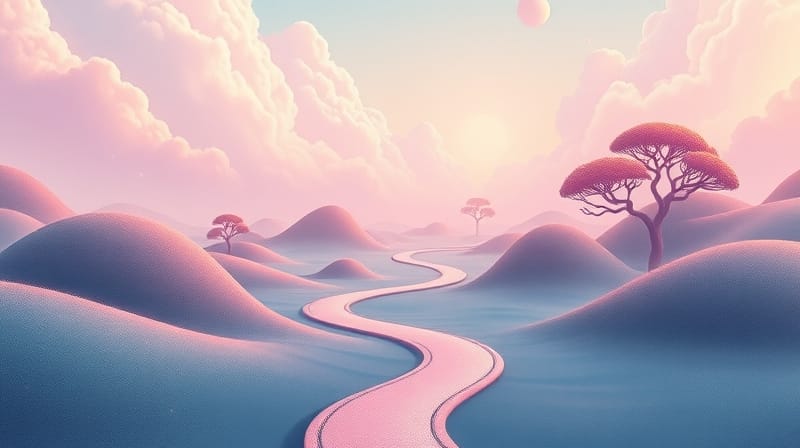 Surrealistyczny krajobraz: hipokamp, ścieżki, mapy wspomnień, pastelowe kolory.