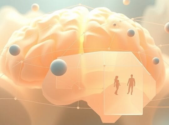 Abstrakcyjna mapa kory ciemieniowej, pastelowe kolory, przestrzenne kształty i sylwetki ludzkie.