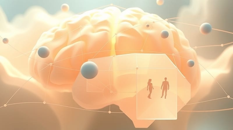Abstrakcyjna mapa kory ciemieniowej, pastelowe kolory, przestrzenne kształty i sylwetki ludzkie.