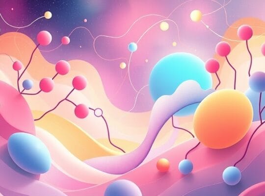 Abstrakcyjne fale dźwiękowe w pastelowych barwach płynące w świetlistych sieciach neuronowych.