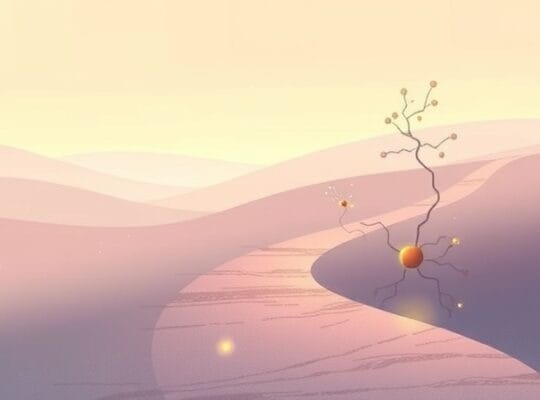 Ścieżka spokoju wśród pastelowych neuronów, kojąco świetlistych, symbolizująca zrozumienie lęku.