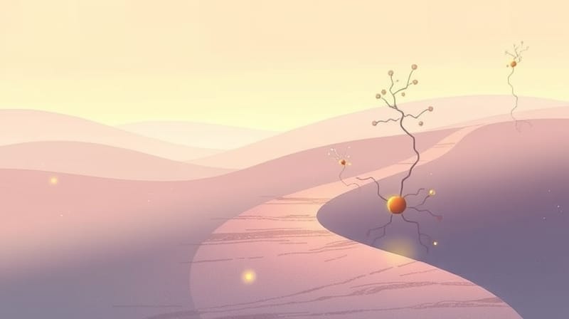 Ścieżka spokoju wśród pastelowych neuronów, kojąco świetlistych, symbolizująca zrozumienie lęku.