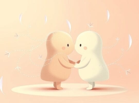 Delikatne pastelowe kształty łączące się, symbolizujące więzi emocjonalne i neuroprzekaźniki.