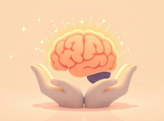 Stylizowany, świecący mózg otulony dłońmi i promieniami witaminy E.