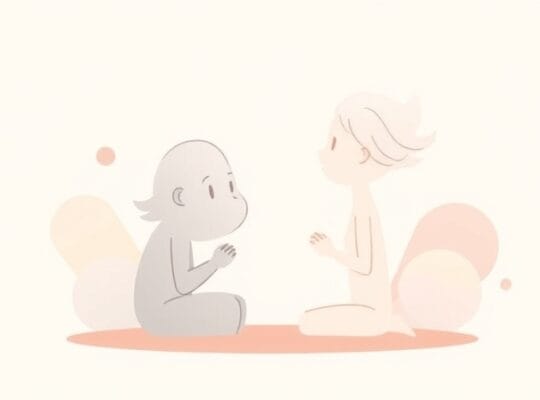 Dwie stylizowane postacie wymieniają się spokojną, pastelową aurą emocjonalną.