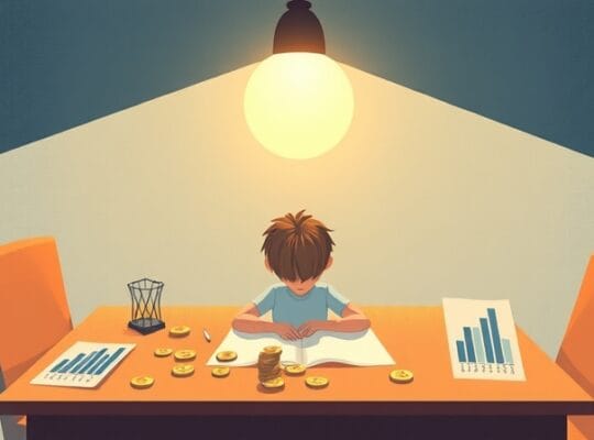 Osoba przy stole, monety, wykresy; świetlista kula symbolizuje nadmierną pewność siebie.