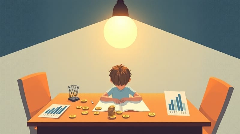 Osoba przy stole, monety, wykresy; świetlista kula symbolizuje nadmierną pewność siebie.