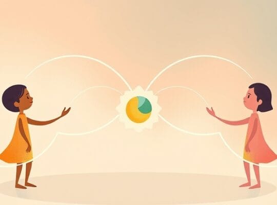 Rysunek pastelowy: cztery abstrakcyjne postacie połączone liniami światła, kula informacji.