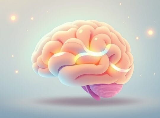 Stylizowany mózg z pastelowymi, płynnymi ścieżkami światła symbolizującymi sieci neuronowe.
