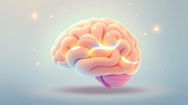 Stylizowany mózg z pastelowymi, płynnymi ścieżkami światła symbolizującymi sieci neuronowe.