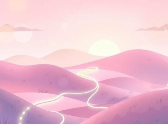 Abstrakcyjna ilustracja pastelowych, splątanych ścieżek w łagodnym świetle.