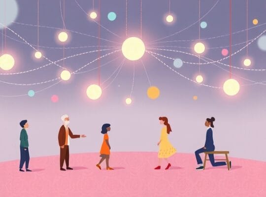 Ilustracja psychodeliczna, pastelowe barwy, łączące linie, różnorodne postacie, współpraca, inspiracja.