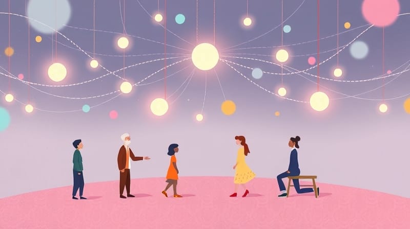 Ilustracja psychodeliczna, pastelowe barwy, łączące linie, różnorodne postacie, współpraca, inspiracja.