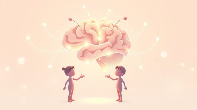 Mózg, układ nagrody i pomoc innym: ciepła ilustracja w stylu animacji.