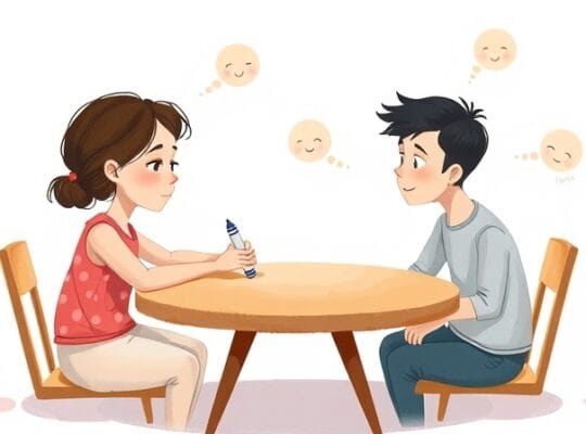 Rodzic i dziecko przy stole, unoszące się kształty emocji, wzajemne zrozumienie.