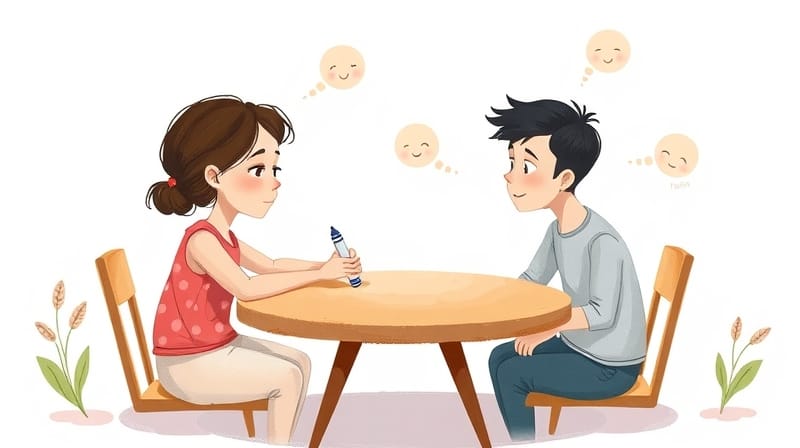 Rodzic i dziecko przy stole, unoszące się kształty emocji, wzajemne zrozumienie.