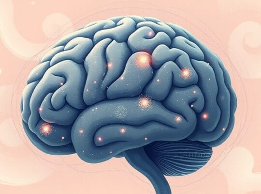 Stylizowany mózg z cząsteczkami cynku, równoważący subtelne symbole lęku.