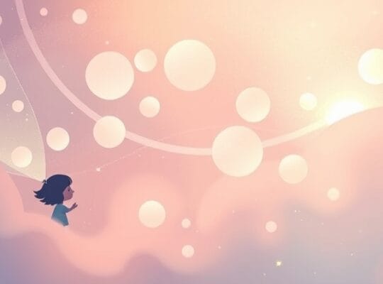 Miękkie, pastelowe kule symbolizujące wspomnienia, otulone eterycznymi mgiełkami kontekstu.