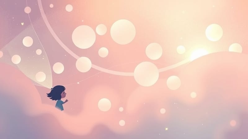 Miękkie, pastelowe kule symbolizujące wspomnienia, otulone eterycznymi mgiełkami kontekstu.