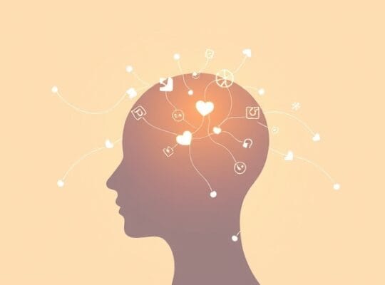 Stylizowana głowa z docierającymi ikonami mediów społecznościowych, otoczona spokojną aurą.