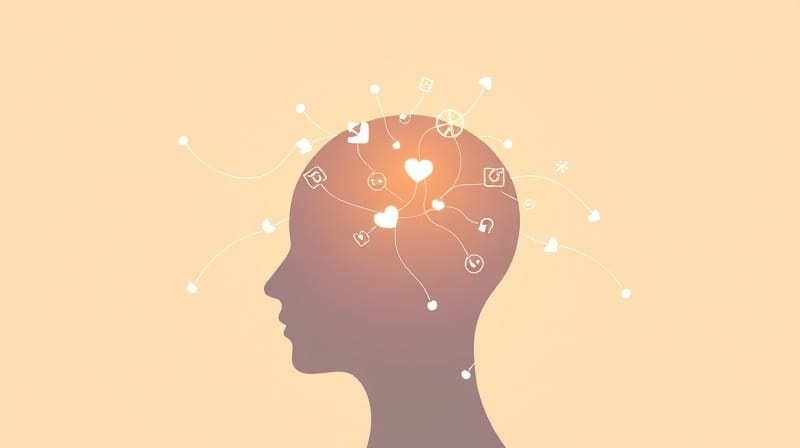 Stylizowana głowa z docierającymi ikonami mediów społecznościowych, otoczona spokojną aurą.