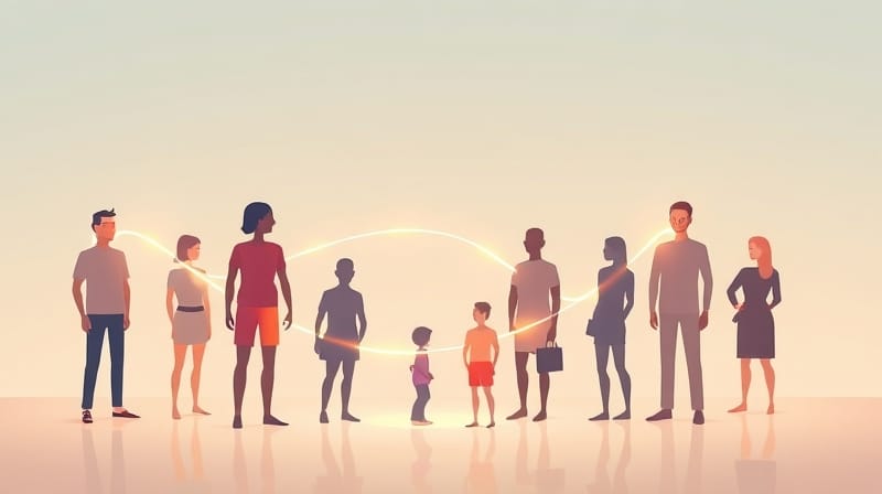 Stylizowane postacie powiązane świecącymi liniami, symbolizujące wpływ społeczny.