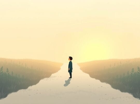 Postać patrzy na jasną ścieżkę ku wschodzącemu słońcu, symbolizując szansę.