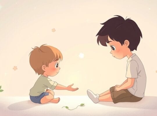 Dziecko oferuje światło samotnemu, smutnemu dziecku, symbolizując wsparcie i przyjaźń.