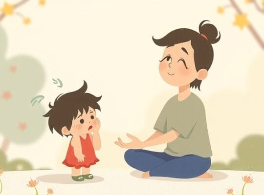 Rodzic wspiera uspokajające się dziecko w pastelowym, łagodnym otoczeniu.