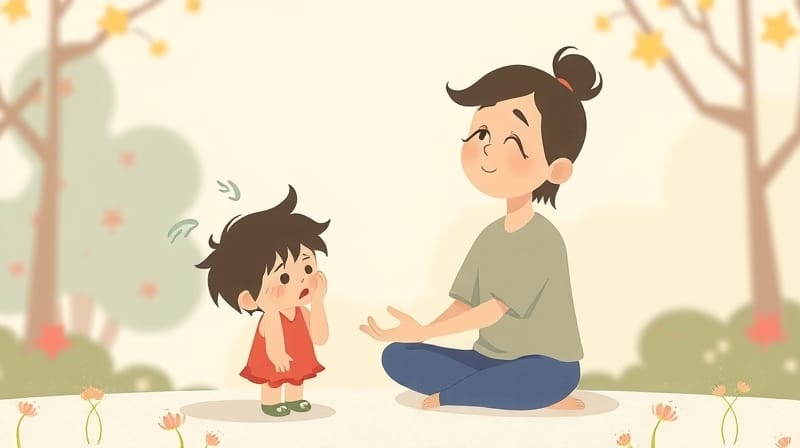 Rodzic wspiera uspokajające się dziecko w pastelowym, łagodnym otoczeniu.