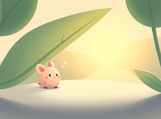 Urocza grafika w pastelach: stwór za liściem, ścieżka do światła.