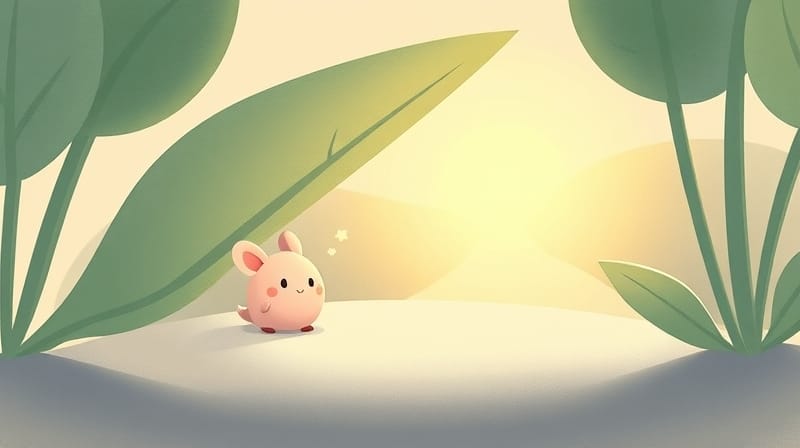 Urocza grafika w pastelach: stwór za liściem, ścieżka do światła.